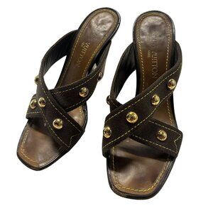 Louis Vuitton Wedge Sole Sandals Mules Pumps Shoes Studs Women's EU 38.5 /US 8